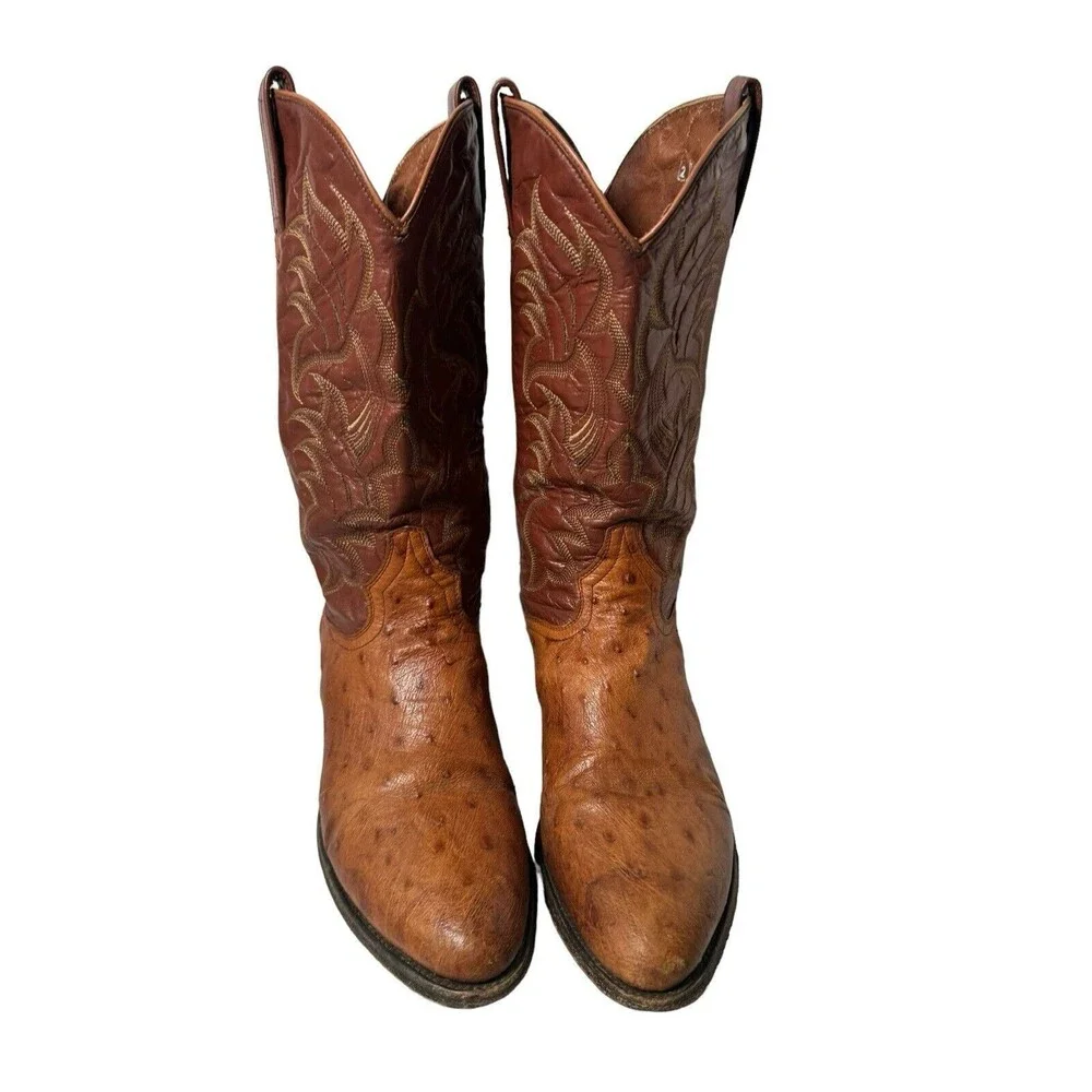Dan Post Two Tone Brown Ostrich Leather Cowboy Boots Men 9.5 D